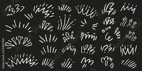 Comic exclamation element set. Chalkboard white sketchy symbols and hand drawn kids chalk doodle motion lines. Stars, marks for highlight, notes, playful designs.