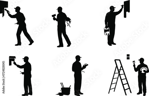 Painter silhouettes working with brushes, rollers, paint cans, ladders, and palettes, vector illustration representing professional painting and decorating services.