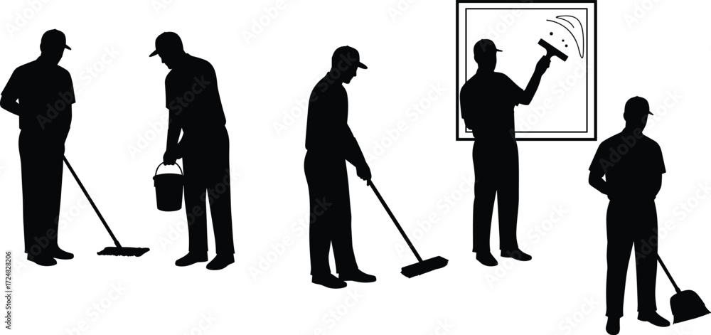 Obraz premium Silhouette cleaning workers sweeping floor, mopping, washing windows, carrying bucket, janitor labor, housekeeping, hygiene service and maintenance staff illustration.