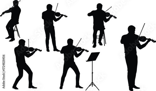 Silhouette illustration of violin players performing music with bows in standing and seated positions, showing orchestra concert and classical performance vector.