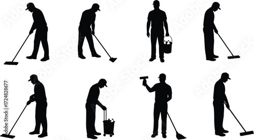 Silhouette of janitors and cleaners working with mop, broom, bucket, and cleaning tools performing various tasks for hygiene and maintenance.