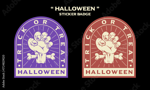 Zombie hands retro badge design for Halloween Party. Creepy zombie crooked lambs stick out of graveyard ground vintage emblem. Vector with Monster hand. Zombie green emblem illustration for halloween 