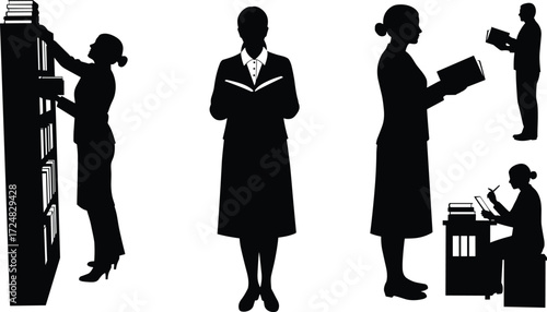 Silhouette vector illustration of people reading books, studying, writing, and library activities representing education, knowledge, research, and learning concepts.