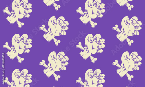 Zombie hands retro badge design for Halloween Party. Creepy zombie crooked lambs stick out of graveyard ground vintage emblem. Vector with Monster hand. Zombie green emblem illustration for halloween 