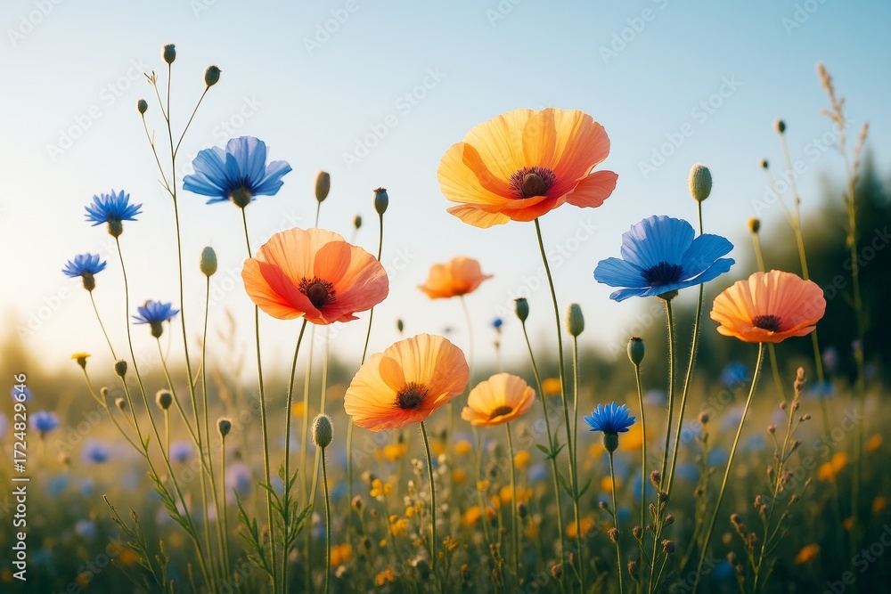 Obraz premium Colorful wildflowers in golden meadow light with blue sky background, delicate petals, soft atmosphere, dreamy floral plant scene.