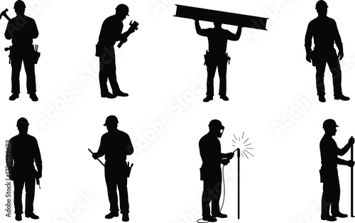 Silhouettes of construction workers with tools, hard hats, and equipment in various poses, vector illustration for industrial and labor concepts.