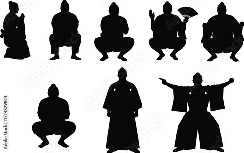 Traditional Japanese sumo wrestler silhouette vector illustration showing martial arts poses, cultural ceremony, athlete stances, combat practice, heritage performance art