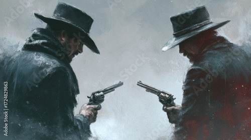 Two cowboys facing off in a dramatic standoff wearing hats and dark clothing with revolvers drawn in a foggy, atmospheric setting filled with tension.