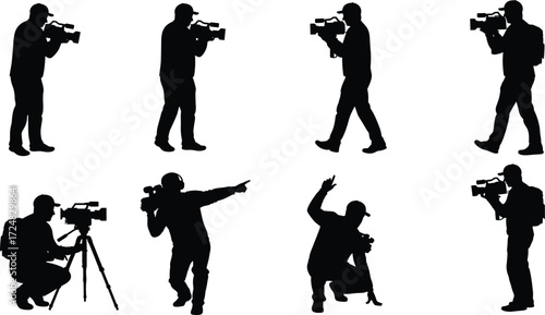 Videographer silhouettes vector illustration showing camera operators filming with tripod, handheld, walking, crouching, directing, professional cinematography, video production, and media