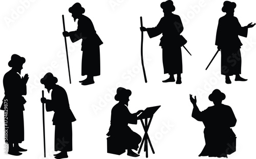 Traditional Japanese silhouettes, cultural vector illustration, people in kimono, historical poses, staff and sword, seated figures, heritage art, Asian design