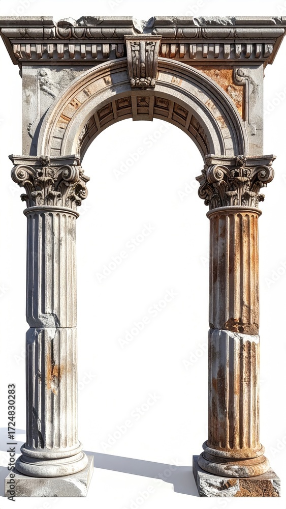 Obraz premium Weathered stone archway with two damaged, fluted columns, exhibiting classical architectural details and a rustic, aged appearance against a white background