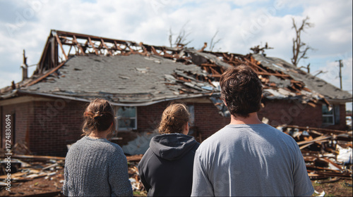 Storm damaged house with broken roof after natural disaster destruction and family looking at property damage showing climate risk recovery and rebuilding need