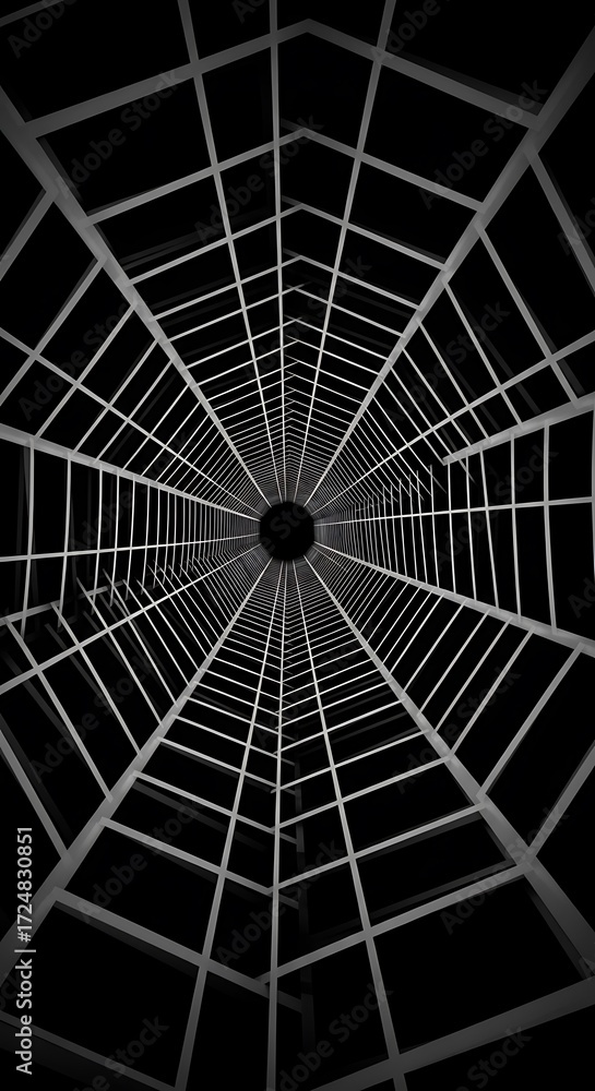 Obraz premium A captivating perspective of a geometric structure, showcasing intricate grid patterns that converge toward a central vanishing point in a dark, dramatic setting.
