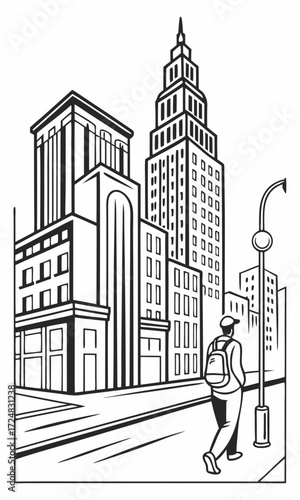 Monochrome Cityscape with Pedestrian and Towering Buildings in Graphic Style