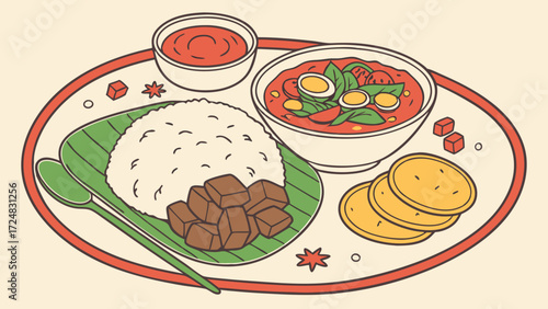 Nasi Lemak Illustration A Colorful Malaysian Dish with Rice Curry and Condiments