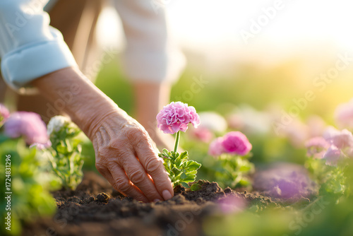 Senior person planting flowers in their garden