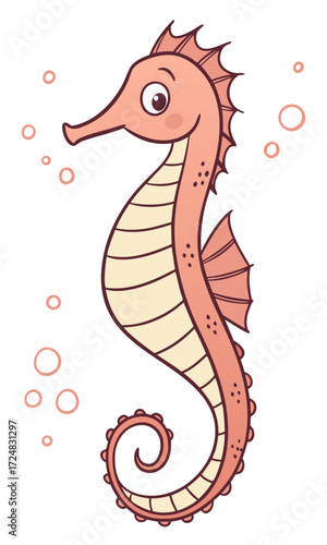 Playful Cartoon Seahorse with Pink Accents and Bubbles Smiling Happily