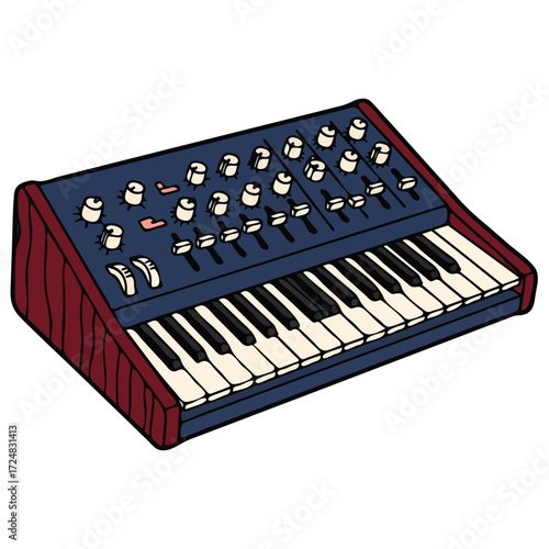 Vintage-Style Dark Blue Synthesizer Keyboard with Red Sides.