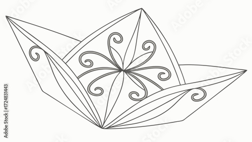 Stylized Paper Boat with Ornate Swirls and Geometric Folds Illustration