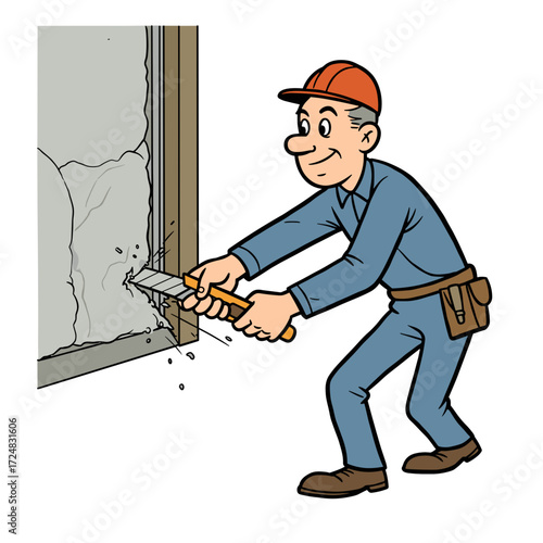 Construction worker cutting insulation with a knife near a wall  