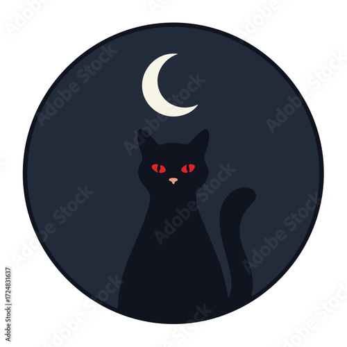 A spooky black cat with glowing red eyes sitting under a crescent moon at night.