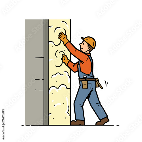 Construction worker insulating wall with foam in work uniform  