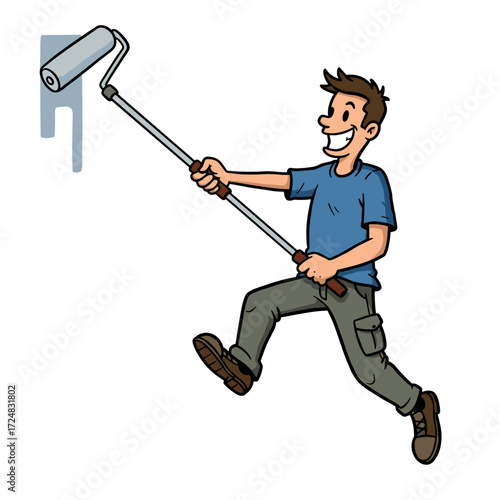 Young man happily painting wall with roller extension tool  