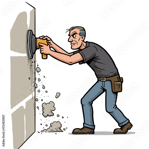 Man sanding drywall surface using an electric sander indoors  