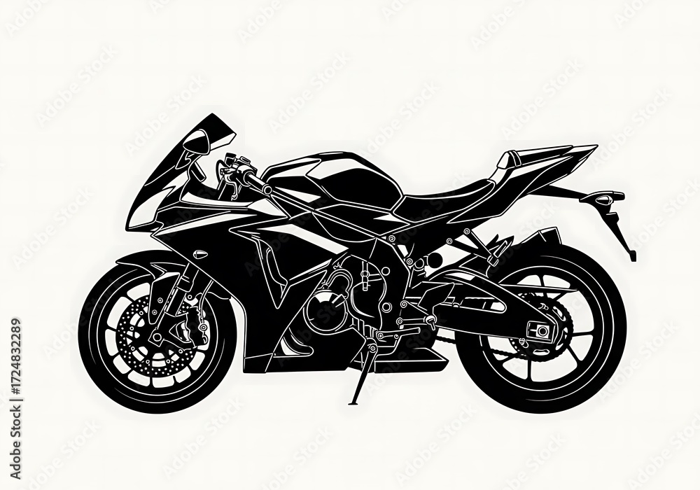 Fototapeta premium Striking black silhouette illustration of a modern sport motorcycle, featuring a sleek and powerful design, perfect for themes of speed, adventure, and urban lifestyle