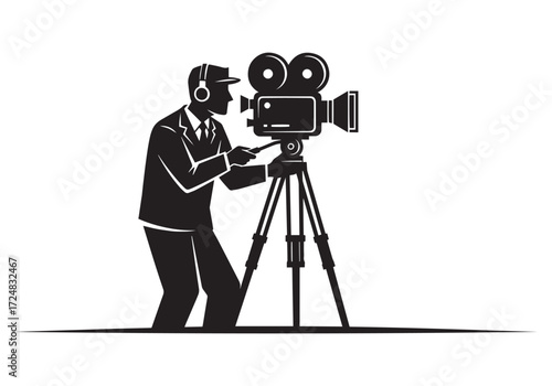 Silhouette Cameramen Operating Professional Cameras on Tripods Filming 