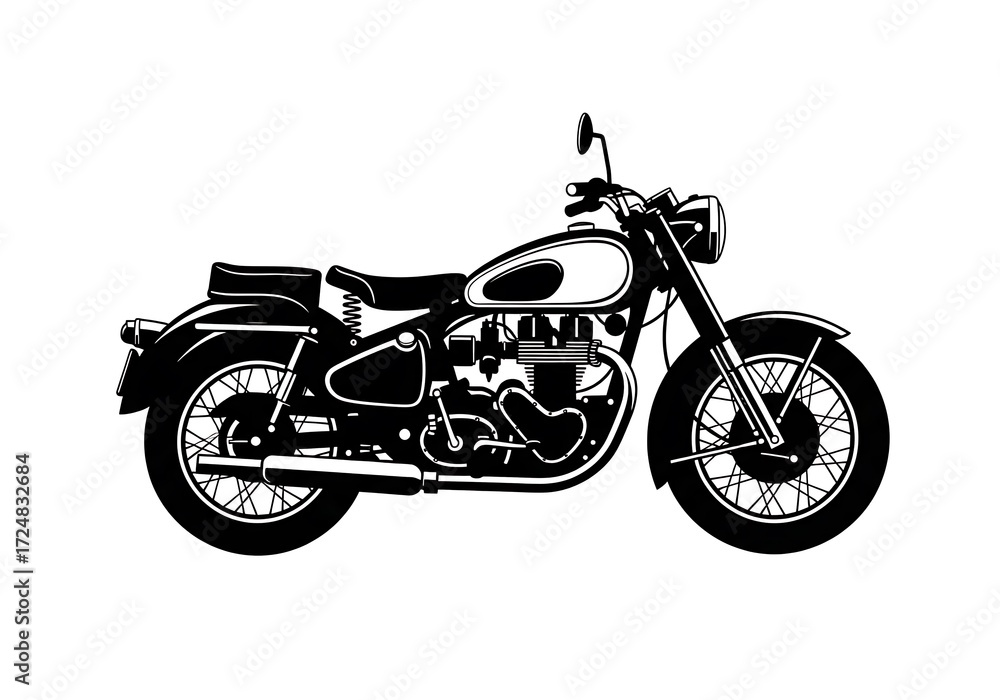 Fototapeta premium Monochrome illustration of a classic vintage motorcycle, capturing the iconic silhouette and powerful engine of a retro two-wheeler, perfect for nostalgic design