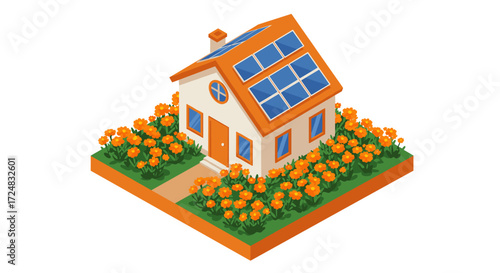 Solar-powered house with blossoming flower garden in isometric design
