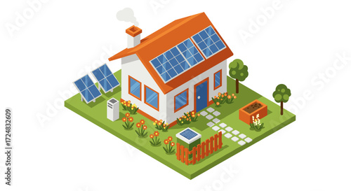 Eco-friendly isometric house with solar panels and garden