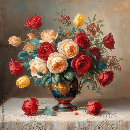 Romantic oil painting of roses and tulips bouquet in ornate ceramic vase with lace tablecloth