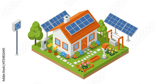 Sustainable home with solar panels in a green garden setting