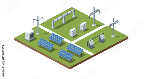 Isometric solar power plant infrastructure with panels and transmission equipment
