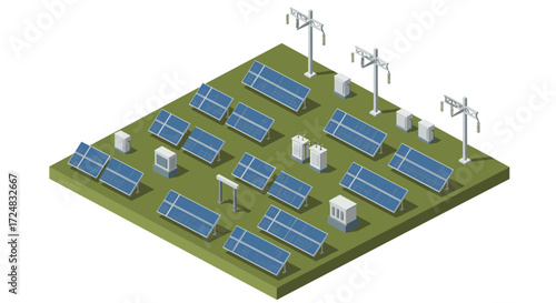Modern isometric solar farm with panels and electrical infrastructure on grass