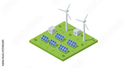 Isometric renewable energy plant with solar panels and wind turbines