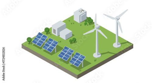 Isometric renewable energy scene with solar panels and wind turbines on green field