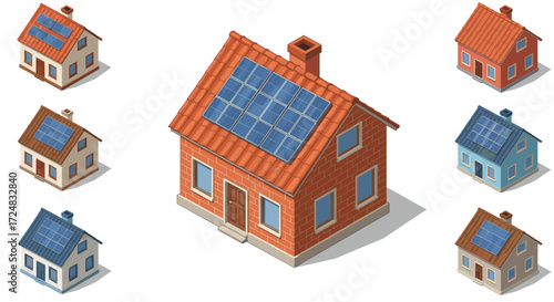 Isometric solar-powered houses with solar panels on roof