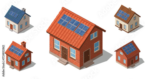 Energy-efficient isometric houses with solar panels on roofs