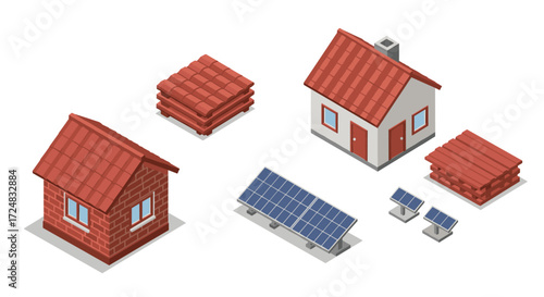 Sustainable home components with isometric solar panels and roof tiles