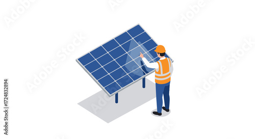 Isometric worker inspecting solar panel for renewable energy efficiency