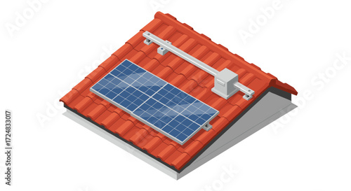 Isometric solar panel installation on red tiled roof