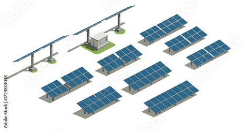 Isometric illustration of solar panels and power station in a renewable energy setup