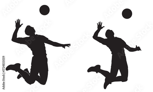 Silhouettes of Volleyball Players Jumping Serving Ball Sports Action