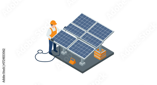 Engineer inspecting solar panels in an isometric renewable energy scene