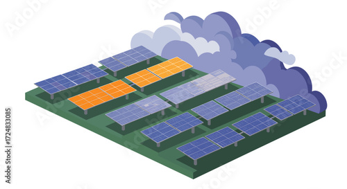 Isometric solar panels on green field with cloudy sky for renewable energy concepts