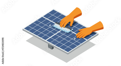 Isometric cleaning of solar panel with gloves and brush for eco-friendly energy maintenance