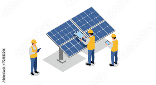 Renewable energy team analyzing solar panels data in isometric style
